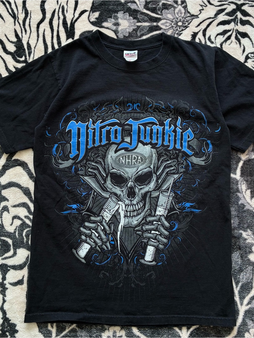 B1B - VINTAGE 00s NHRA NITRO JUNKIE Y2K RACING SKELETON SKULL T SHIRT
